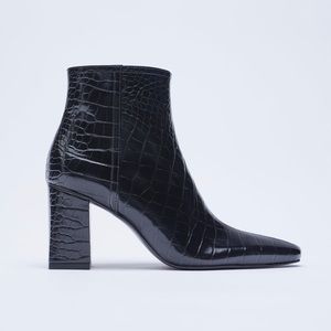 Zara Black Croc Print Heeled Ankle Boots, size 8